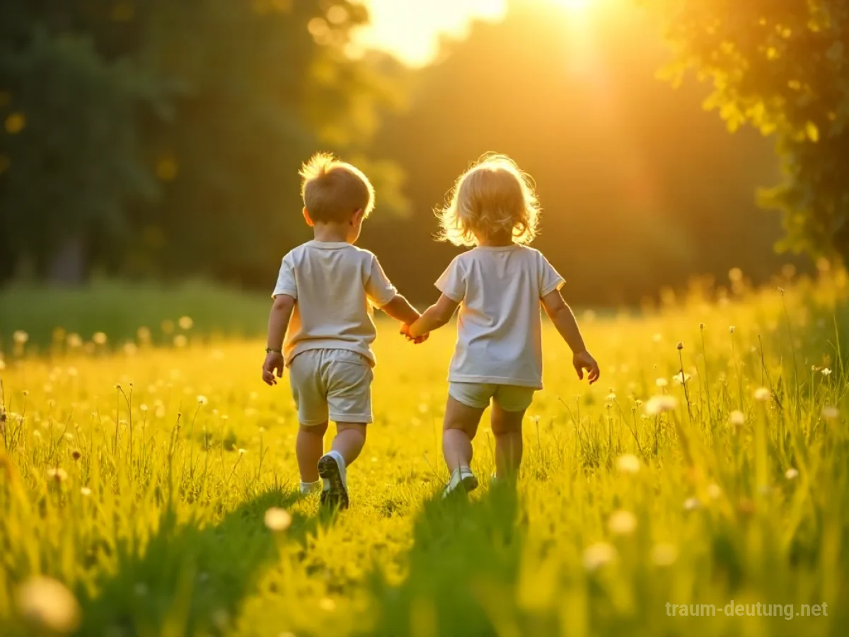 Zwei Kinder spielen im Sonnenlicht auf einer Wiese, aus der Ferne betrachtet.