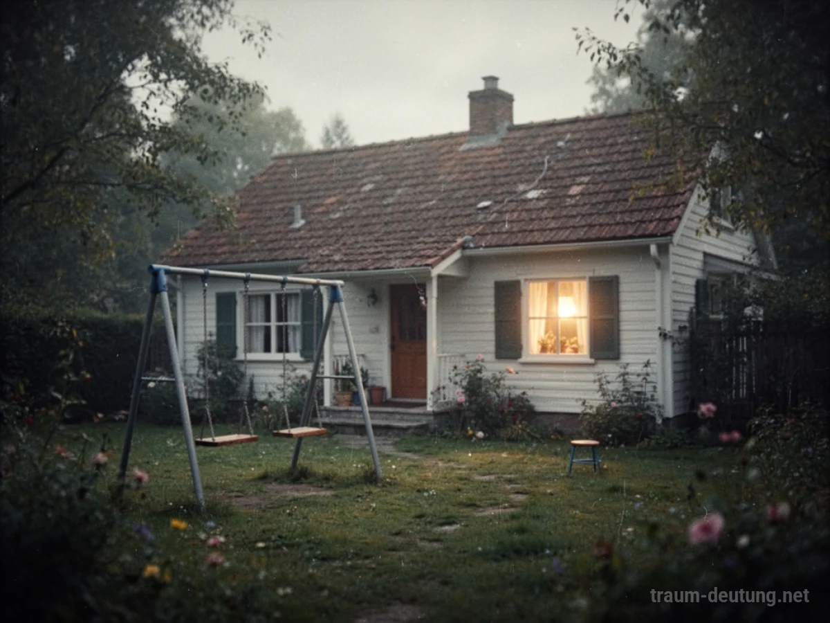 Ein leicht verblasstes Bild eines alten Kindheitszuhause mit einem Garten.