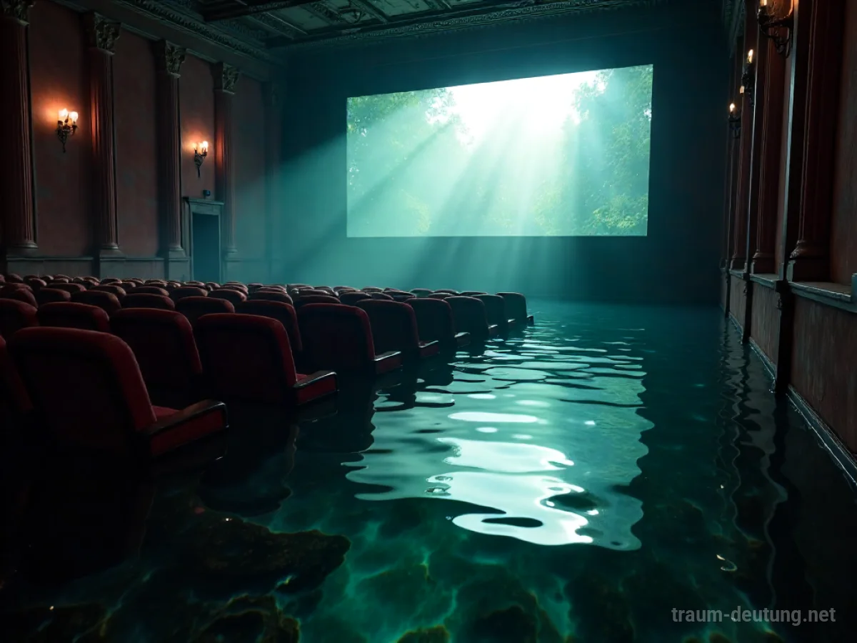 Ein verlassenes Kino, dessen Sitzreihen teilweise in klarem Wasser stehen.