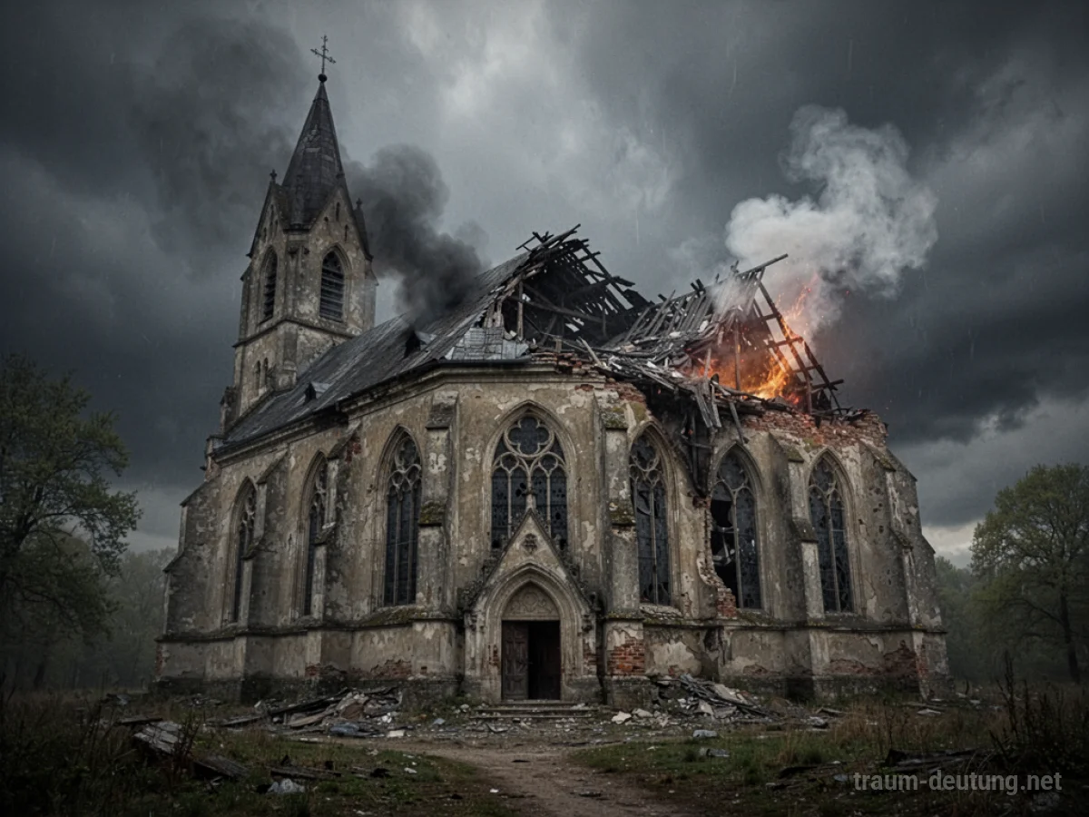 Eine Kirche mit teilweisem Dachschaden unter einem stürmischen Himmel