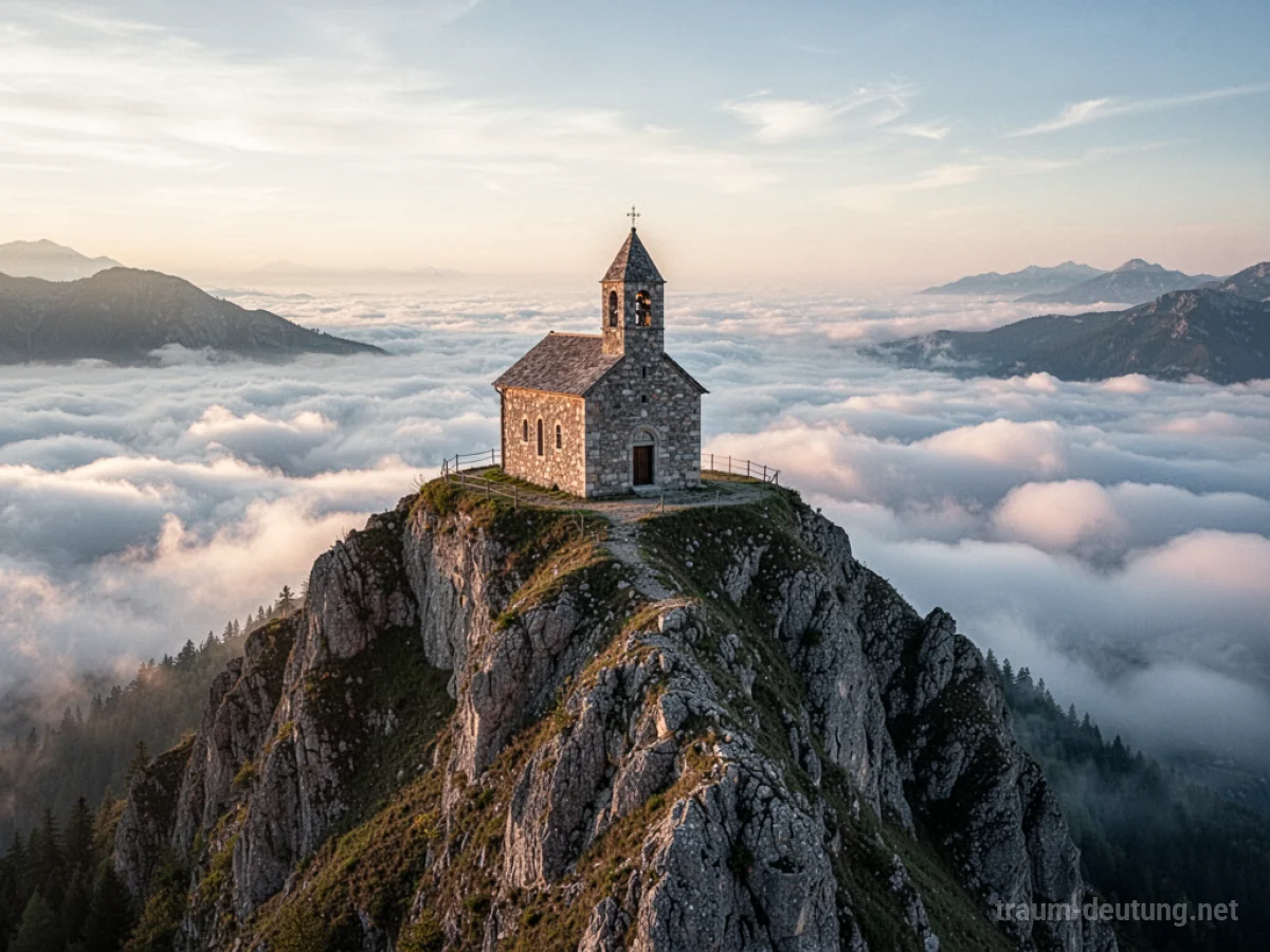 Kirche auf einem Berggipfel unter blauem Himmel