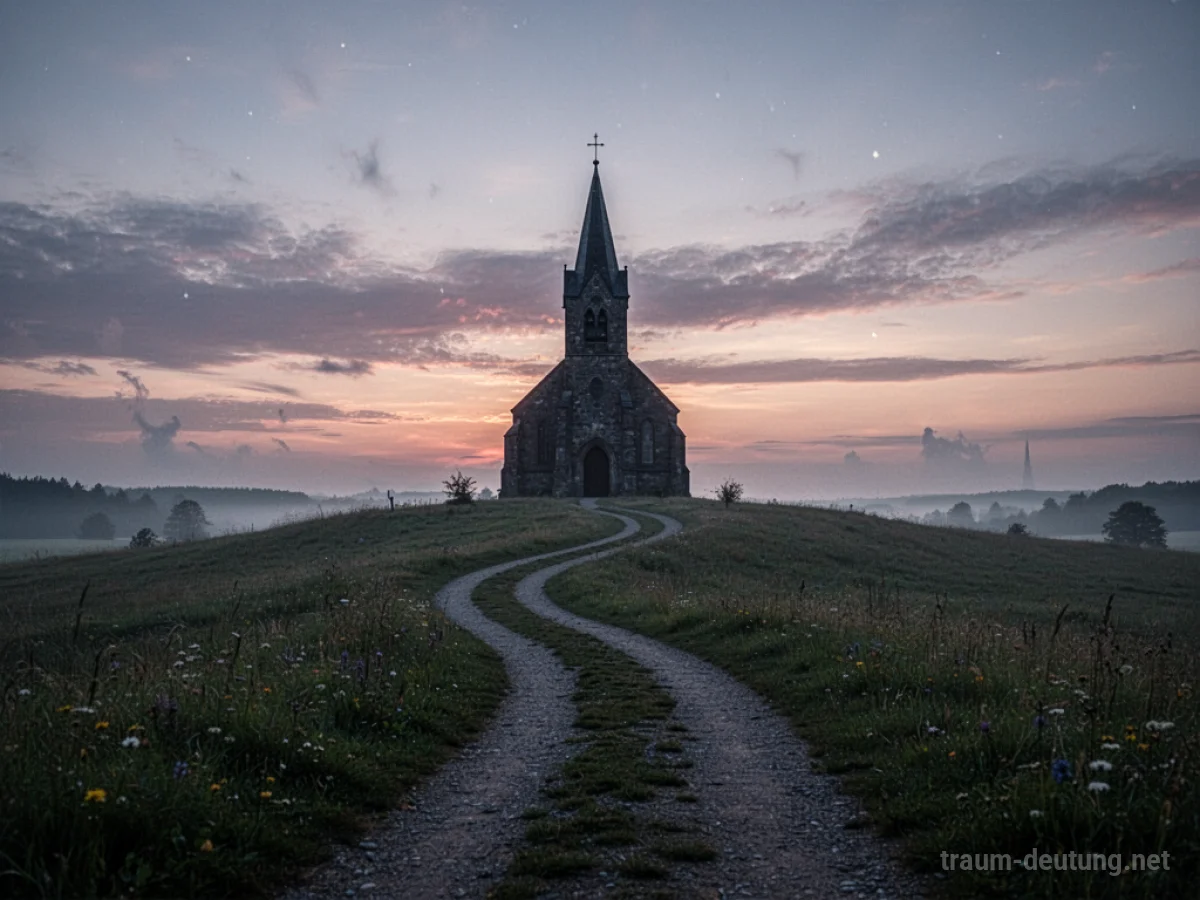 Kirche in der Ferne mit einem Weg davor, gesehen im Zwielicht.