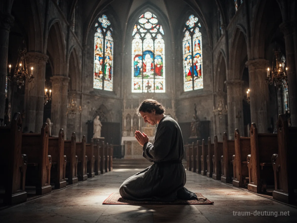 Eine Person kniet betend in einer großen, hell erleuchteten Kirche.
