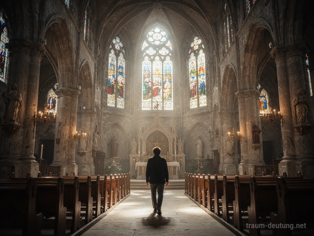 Person betritt eine alte Kirche mit Lichtstrahlen durch Buntglasfenster
