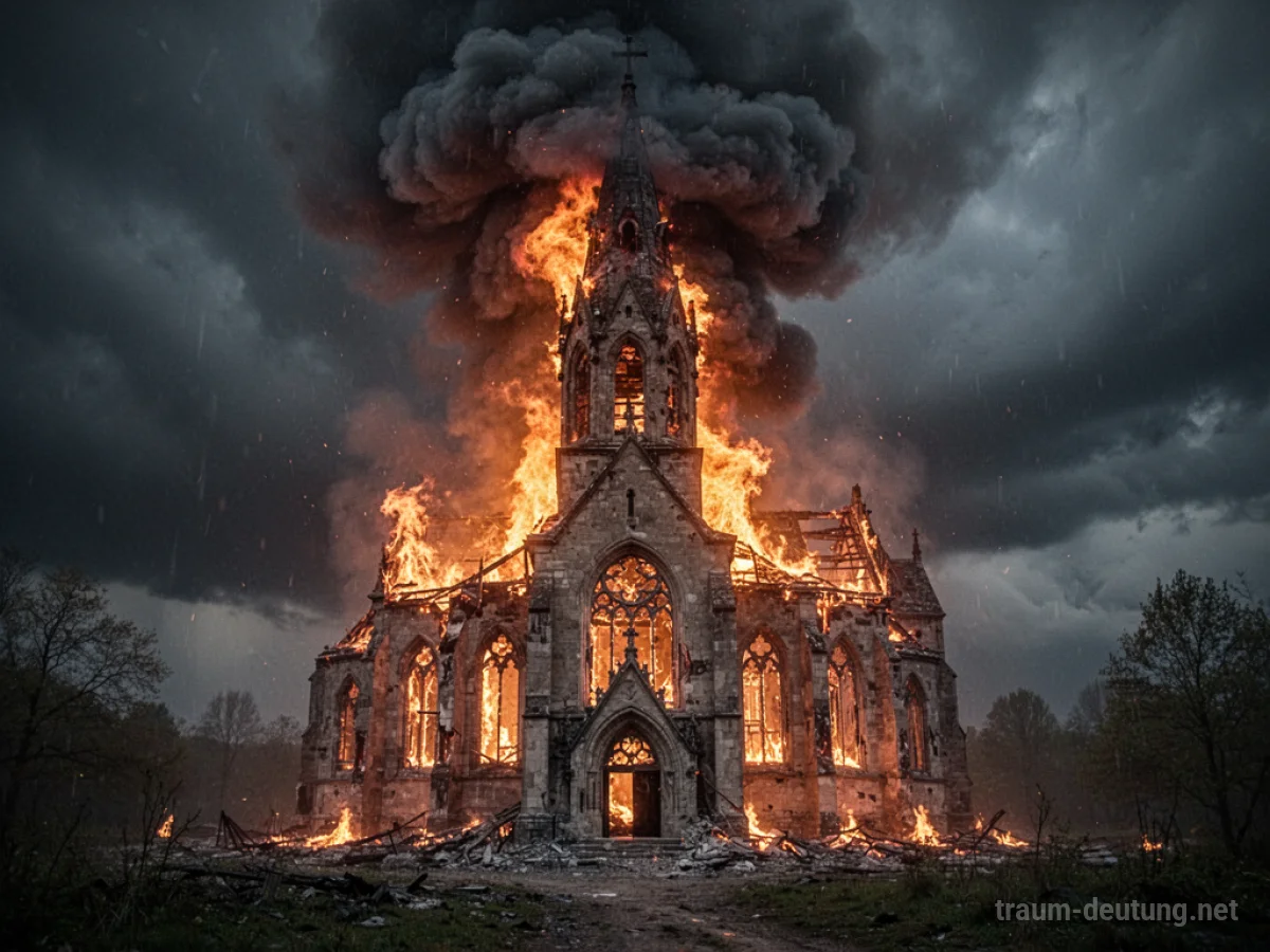 Kirche steht in Flammen unter einem dunklen Himmel
