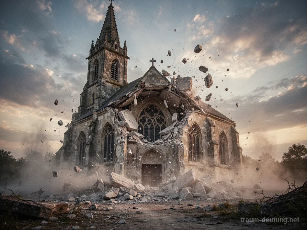Eine alte Kirche stürzt ein, Staub und Trümmer fliegen.