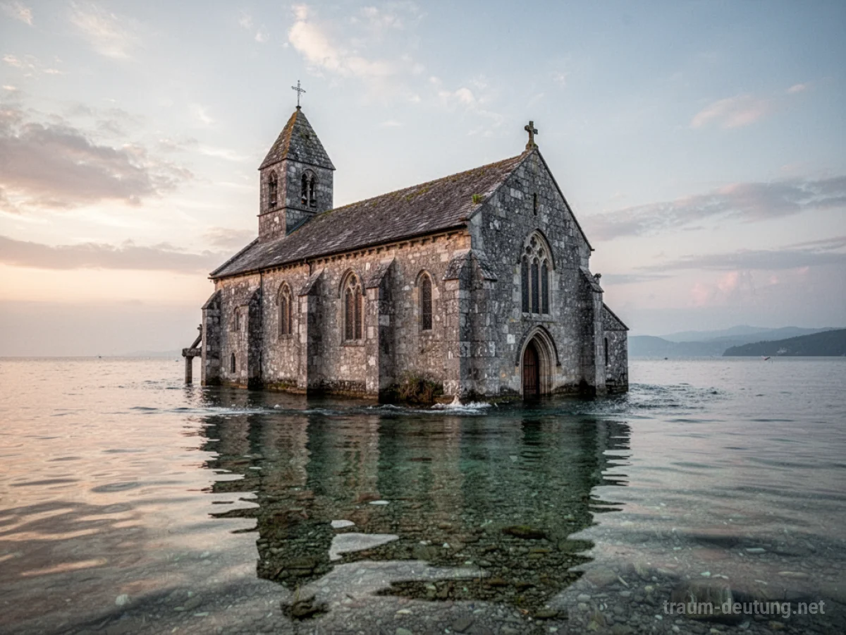 Kirche steht im Wasser, die oberen Teile ragen heraus.