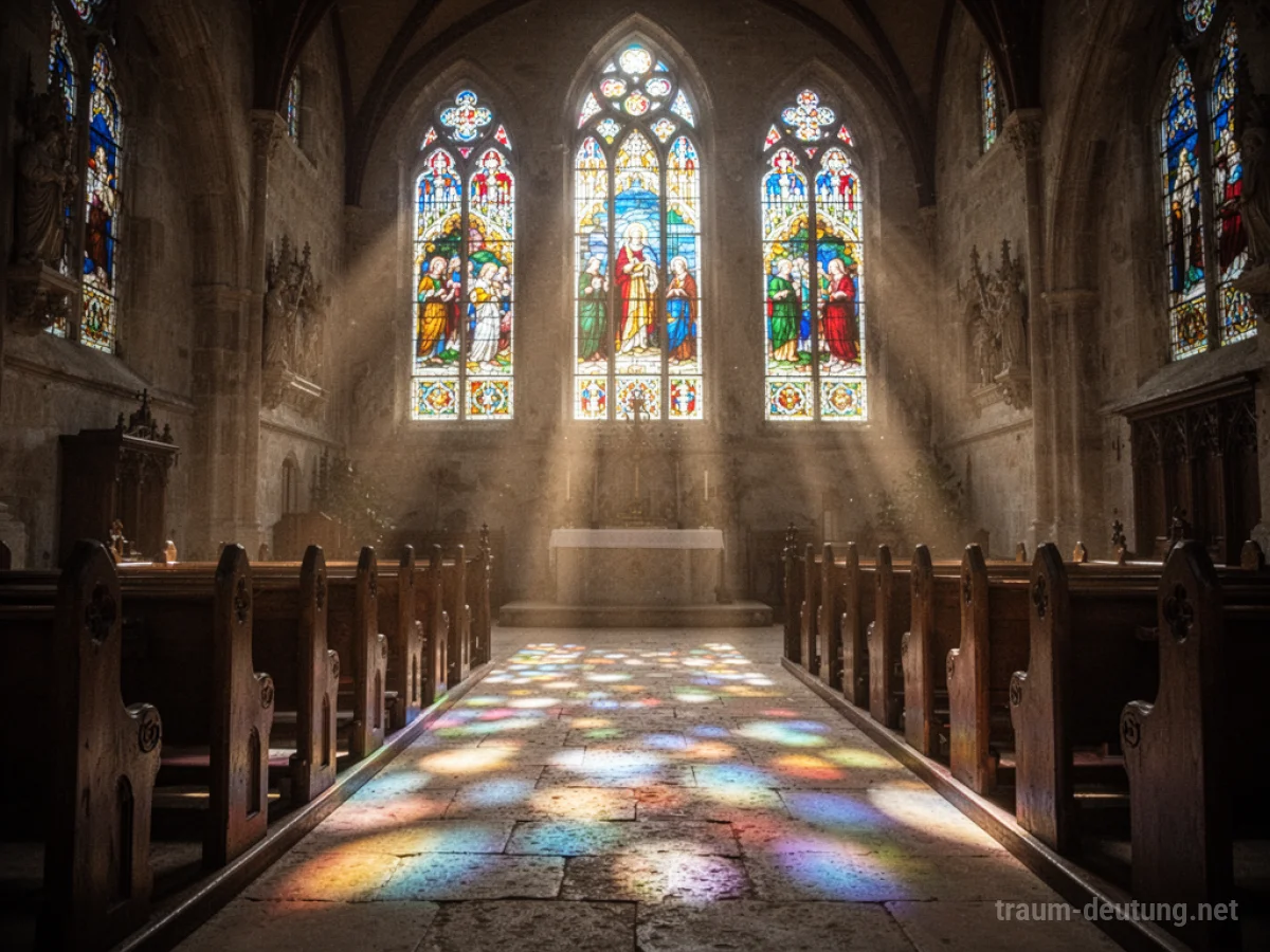 Kirche mit bunten Fenstern und Lichtstrahlen auf dem Boden