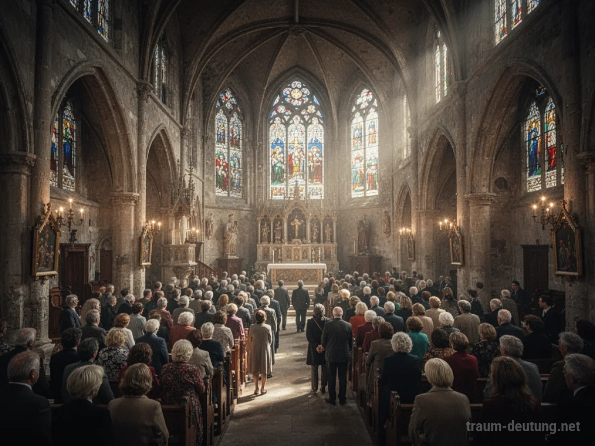 Eine Kirche voller Menschen, das Licht fällt durch bunte Glasfenster.