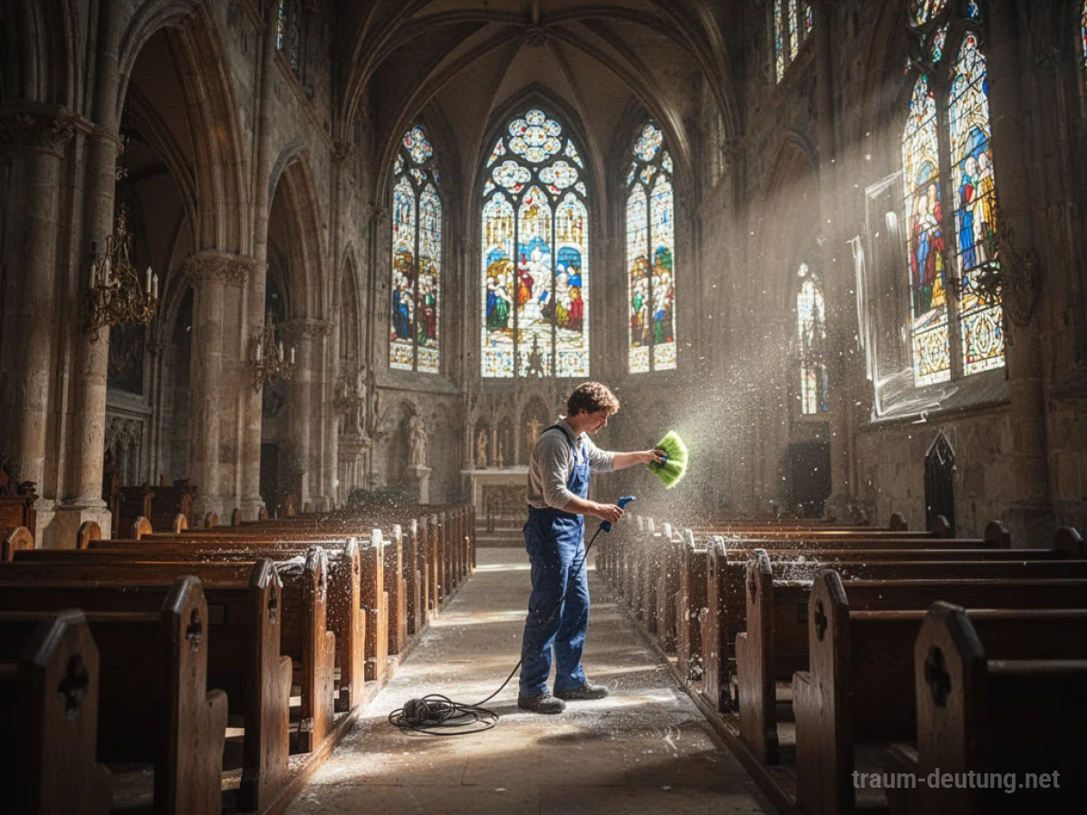 Eine Person reinigt das Innere einer großen, sonnenbeschienenen Kathedrale.