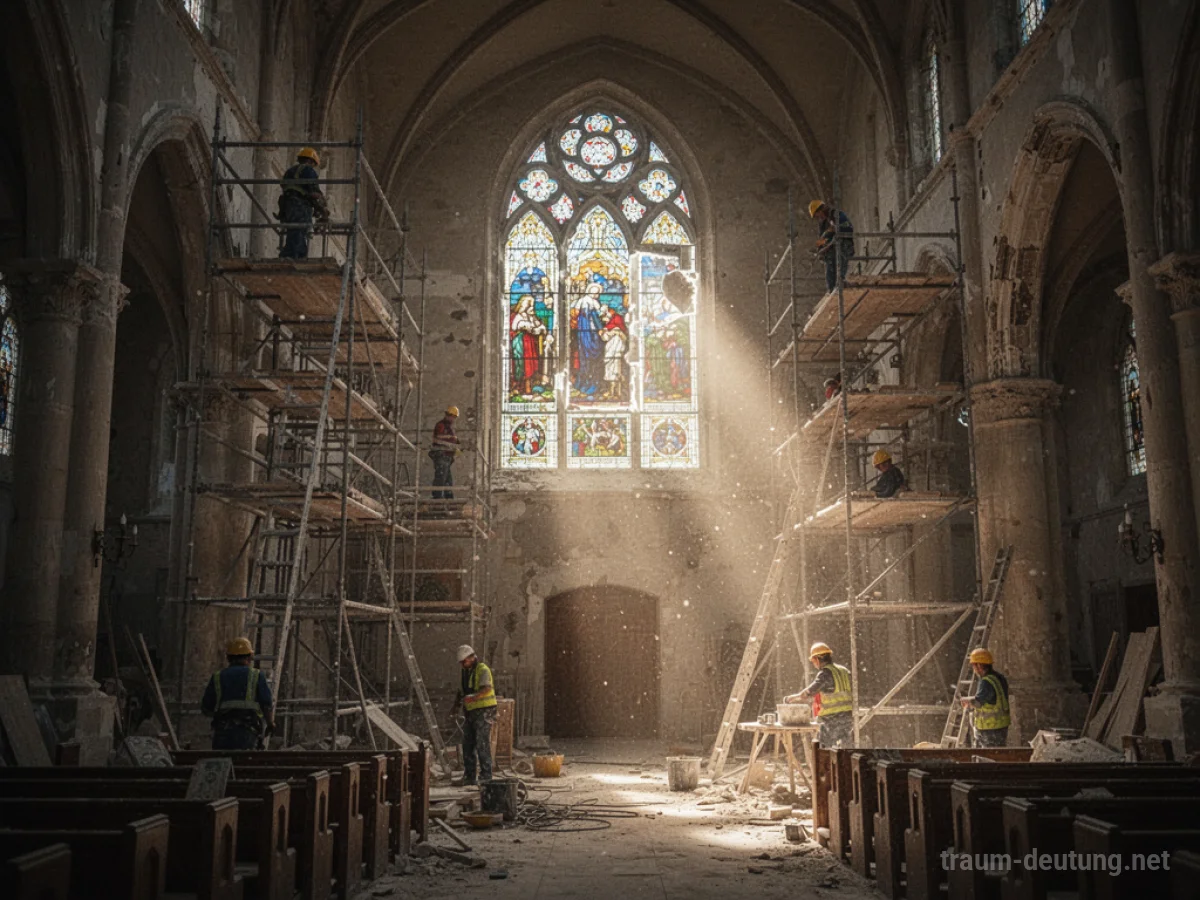 Eine Kirche wird renoviert, mit Gerüsten und Arbeitern im Inneren, während Licht durch ein Fenster fällt.