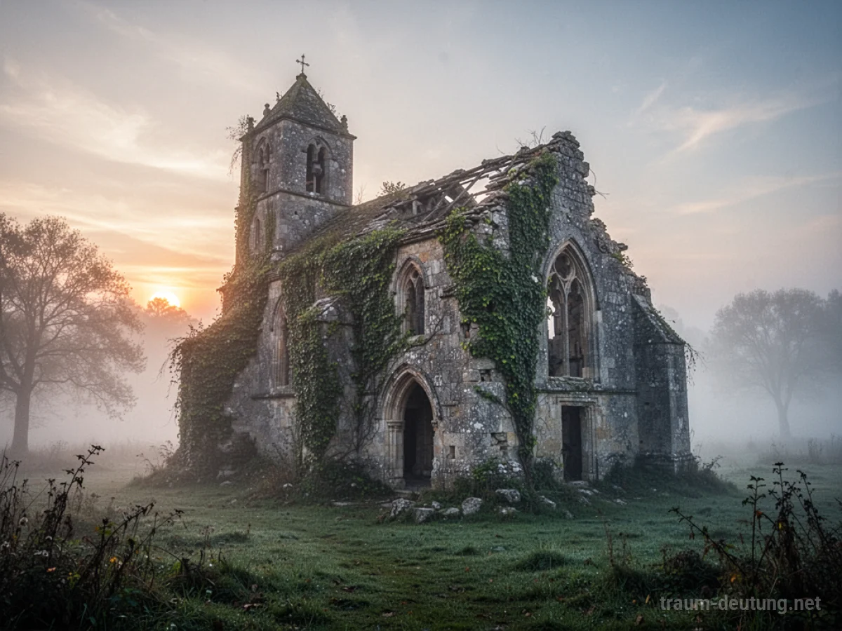 Zerfallene Kirche mit Efeu überwuchert im Nebel
