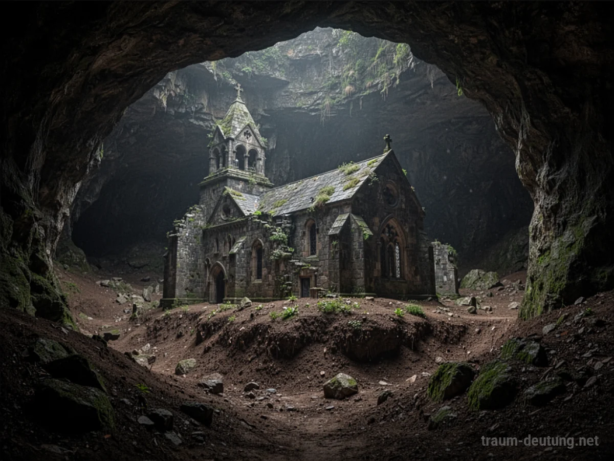 Alte Kirchenruinen halb im Erdreich vergraben in einer dunklen Höhle