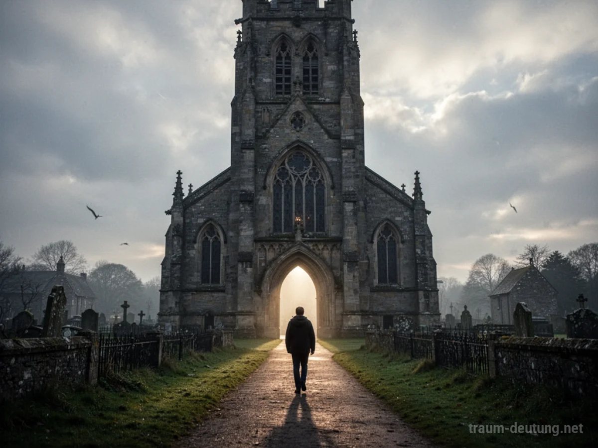 Eine Person verlässt eine große Kirche und geht einem hellen Weg entgegen.