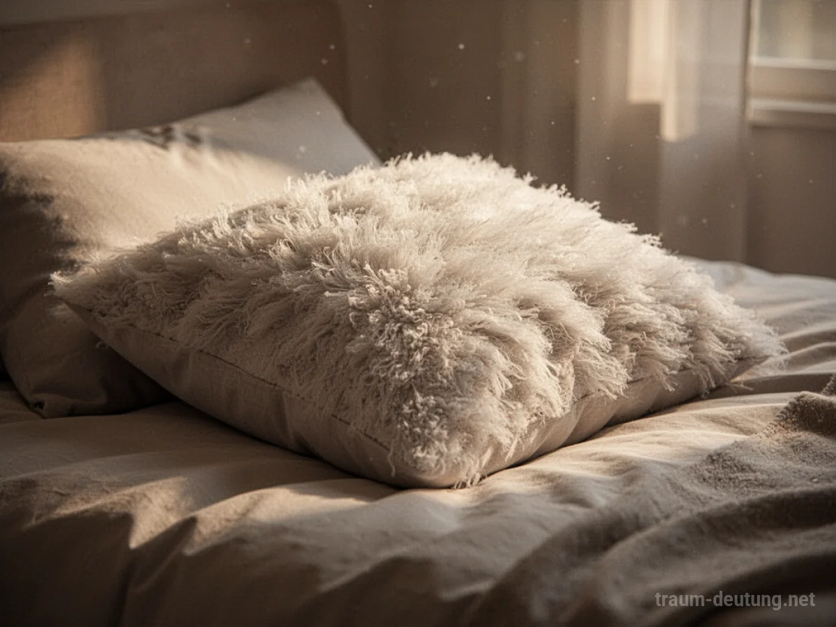 Ein weiches Kissen auf einem gemütlichen Bett im warmen Licht.