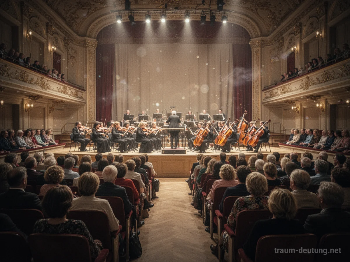 Menschen lauschen einem klassischen Konzert in einem prunkvollen Saal.