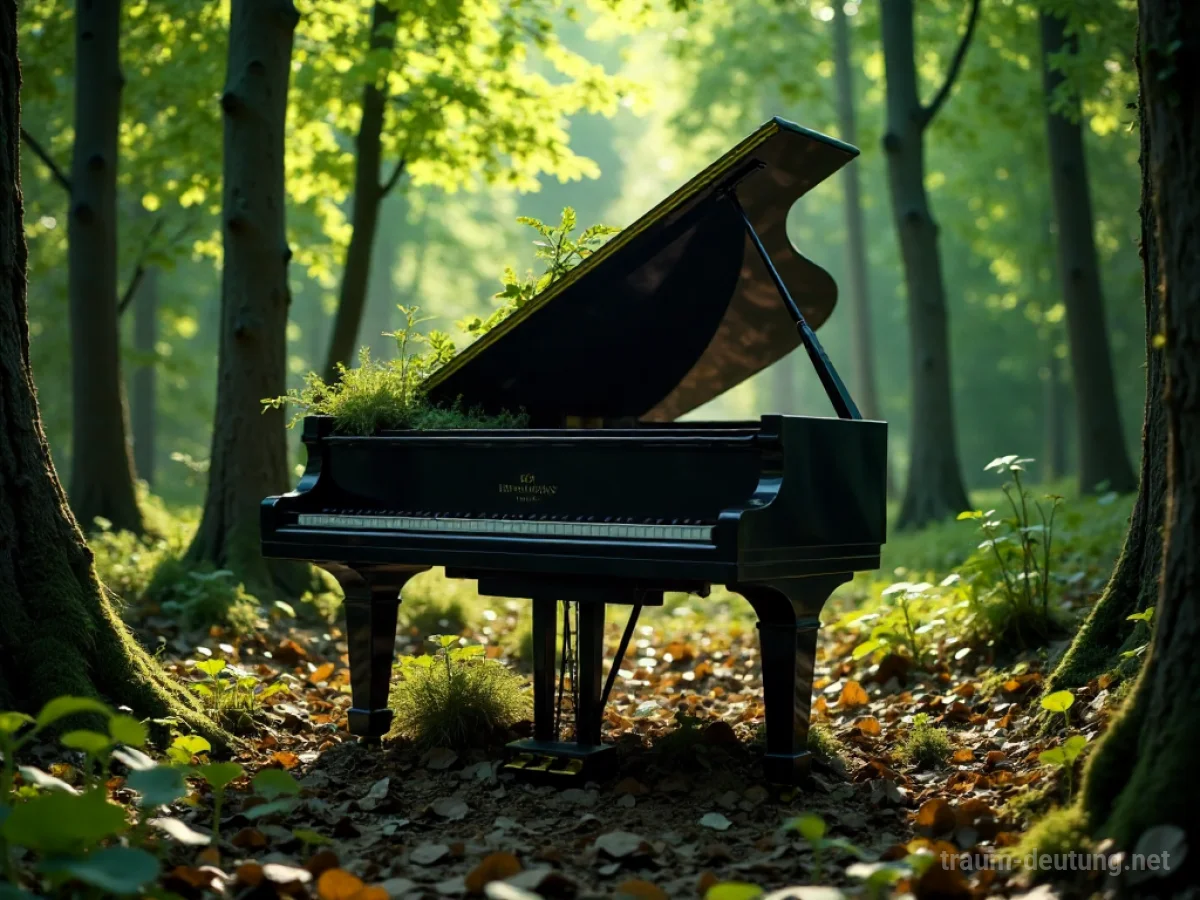 Ein Klavier steht mitten in einem dichten, sonnenbeschienenen Wald.