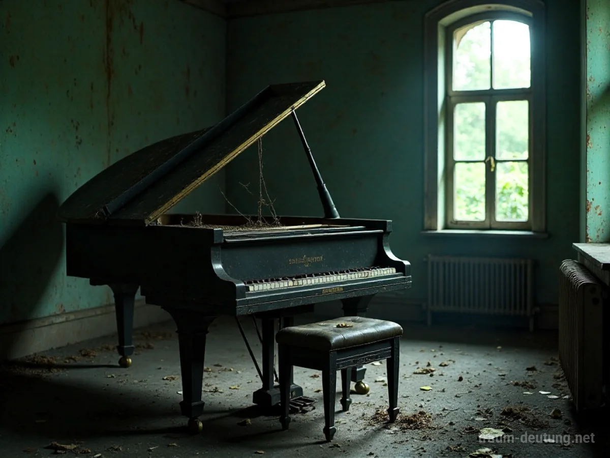 Ein altes, staubiges Klavier ohne Saiten in einem dunklen Raum.