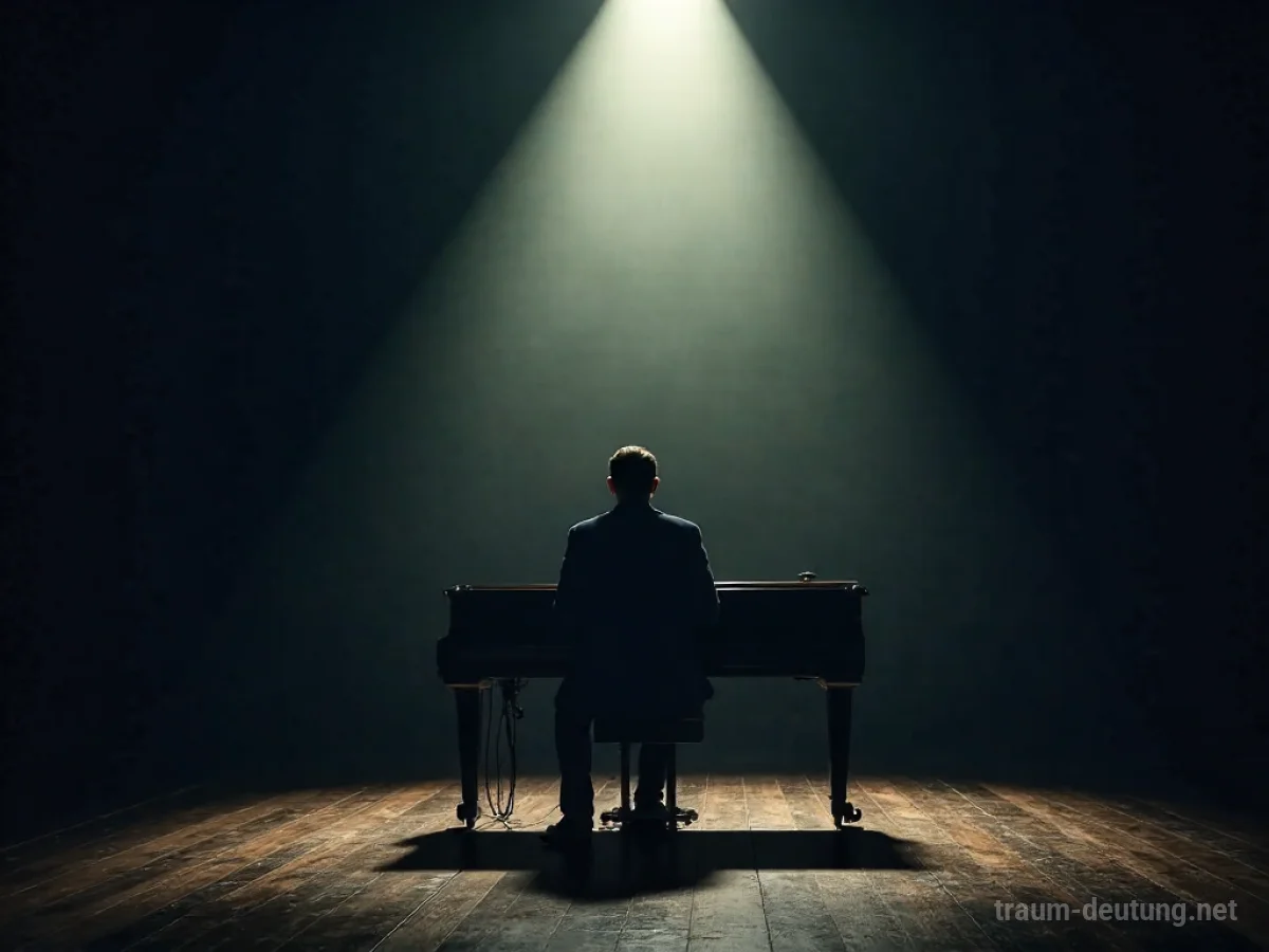 Pianist spielt Klavier auf einer Bühne vor einem unsichtbaren Publikum im Scheinwerferlicht.