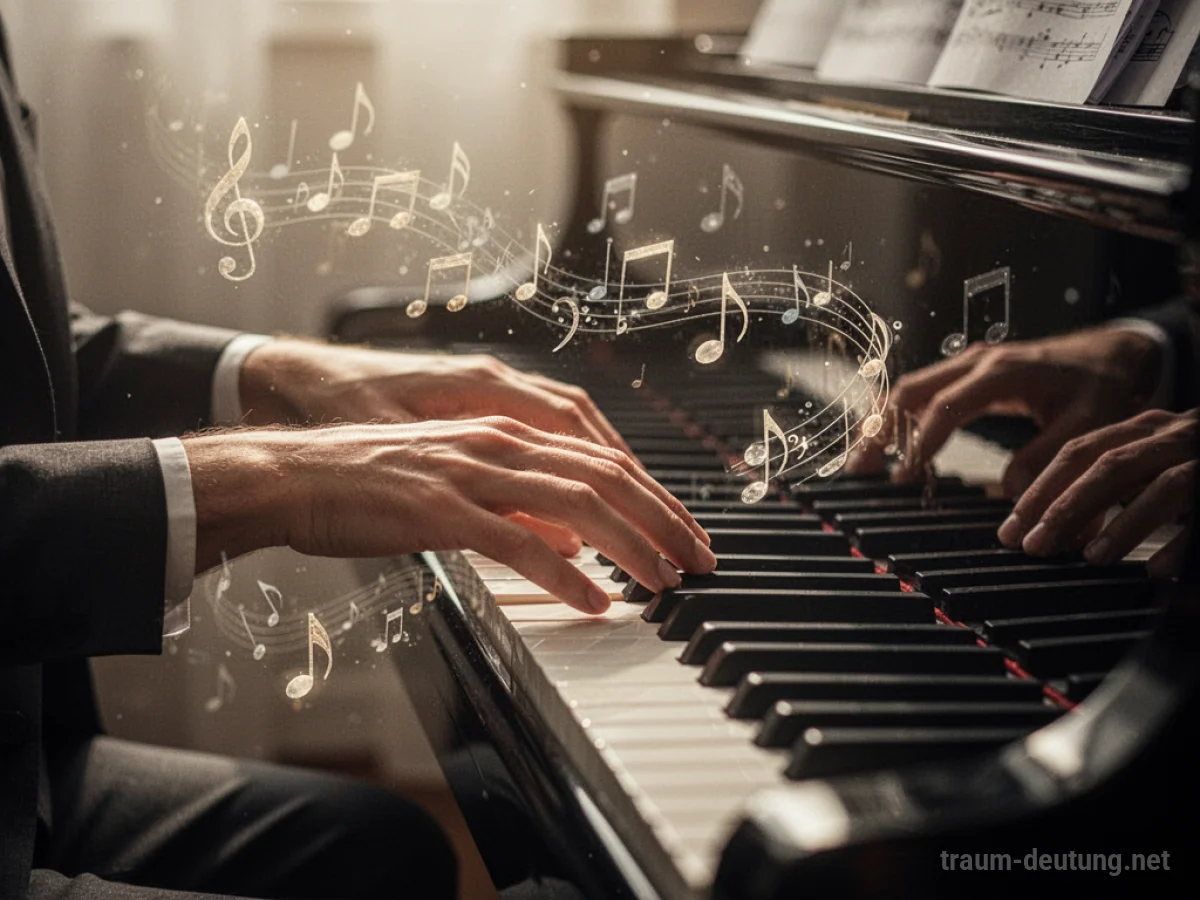 Hände spielen Klavier in warmem Licht, Noten schweben umher.