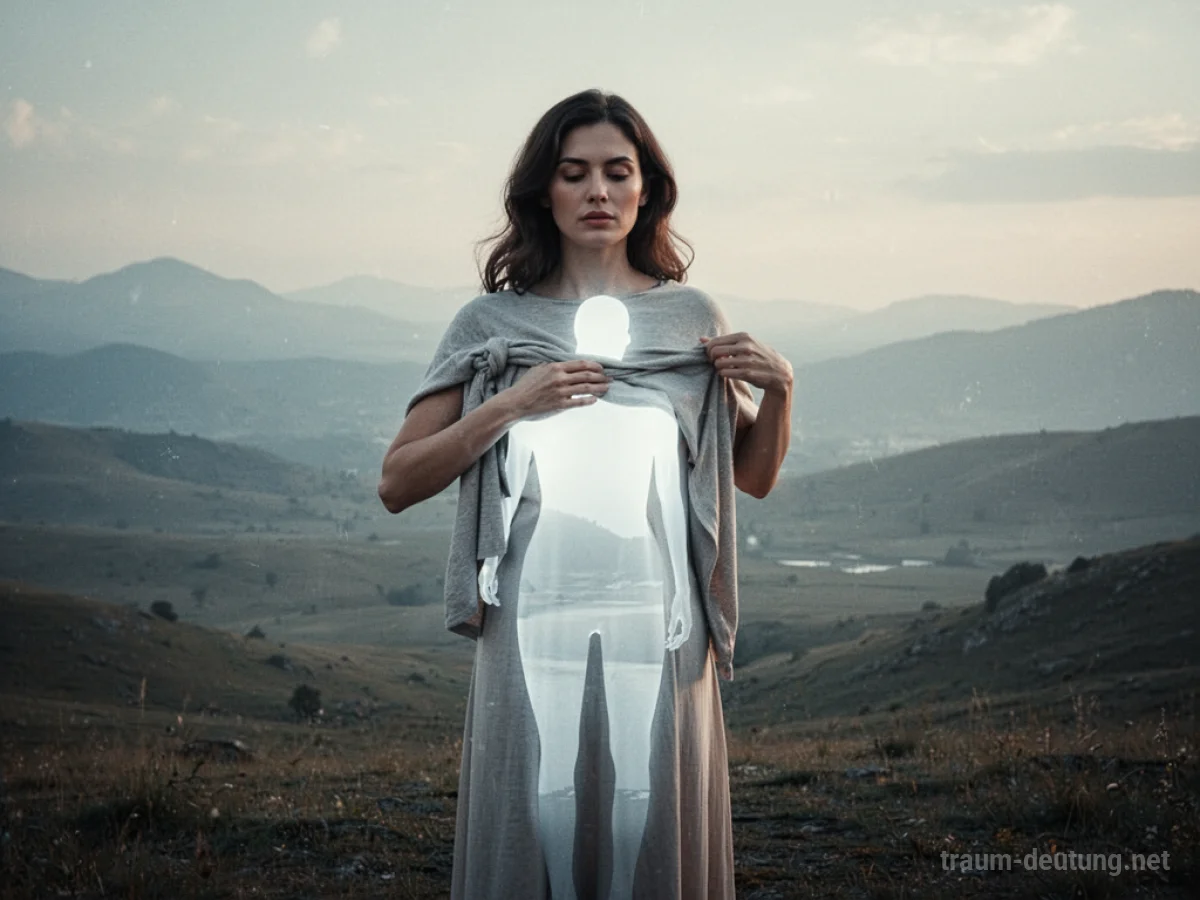 Symbolische Darstellung einer Frau, die ein Kleid ablegt, um einen helleren Kern freizulegen.