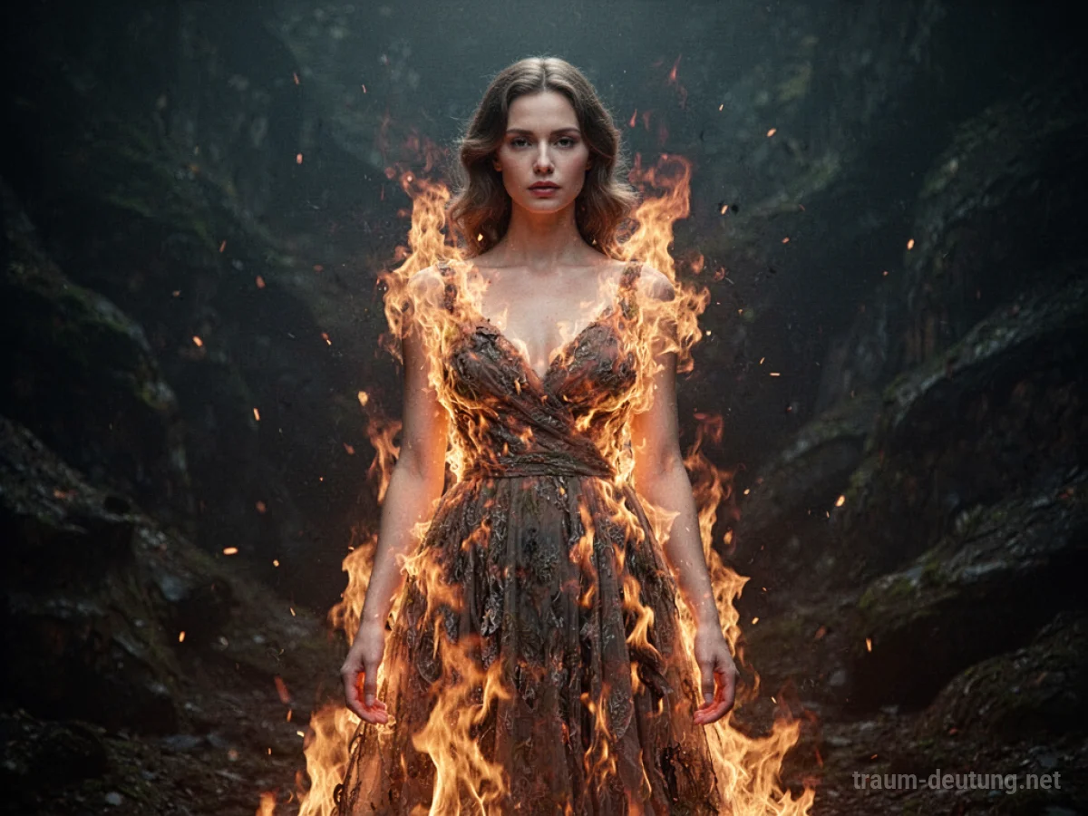 Ein brennendes Kleid vor einem dunklen Hintergrund, symbolisiert Transformation.