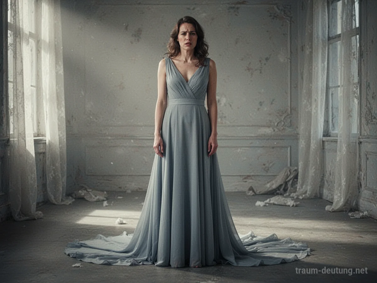 Eine Frau in einem zu langen Kleid, das ihren Gang behindert.