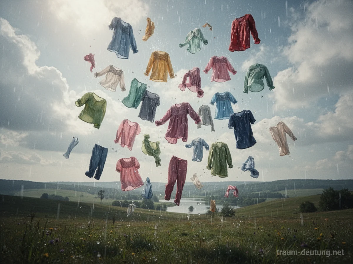 Bunte Kleidung fällt sanft vom Himmel auf eine grüne Wiese.
