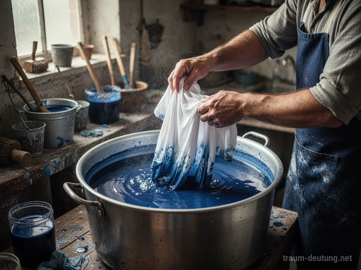 Hände färben ein weißes Kleidungsstück in einem blauen Farbbottich