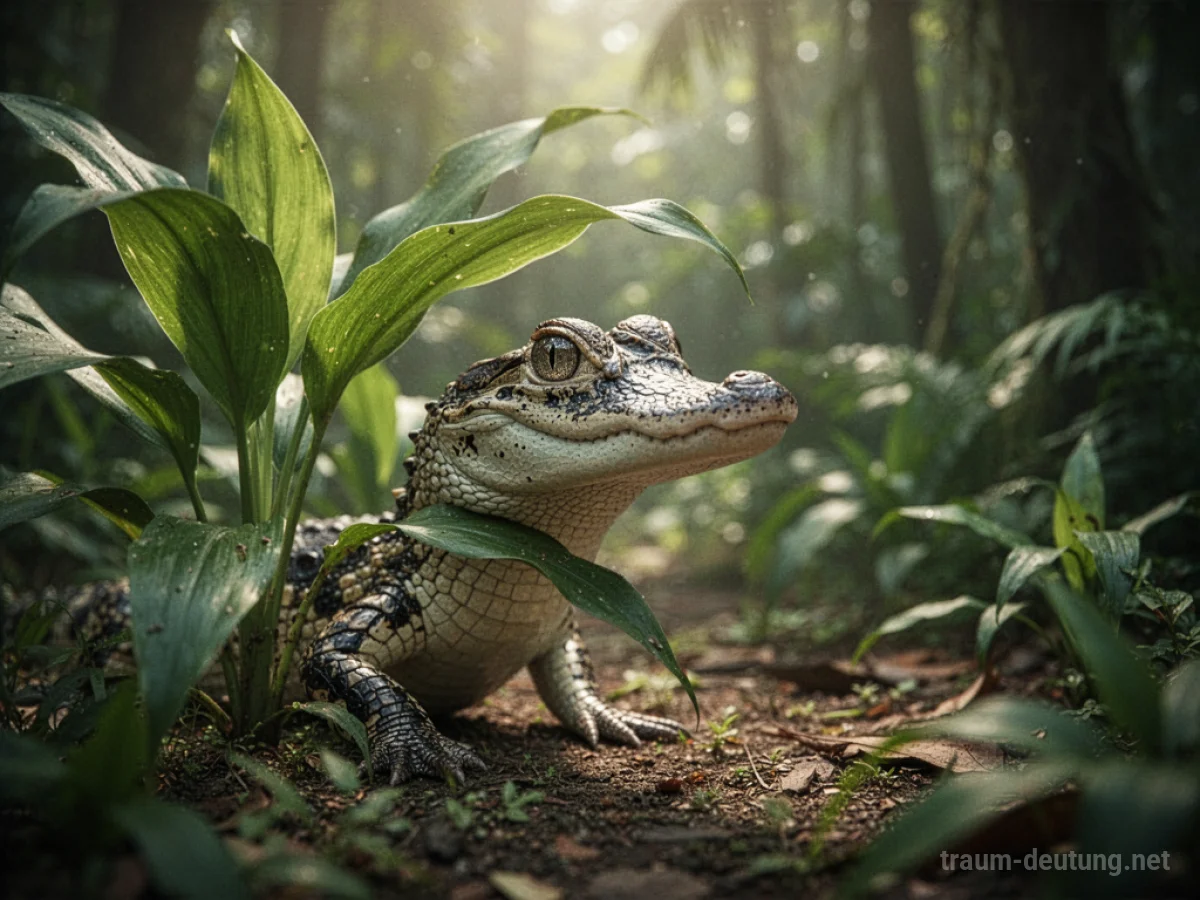 Ein kleines Krokodil lugt hinter einer grünen Pflanze hervor.