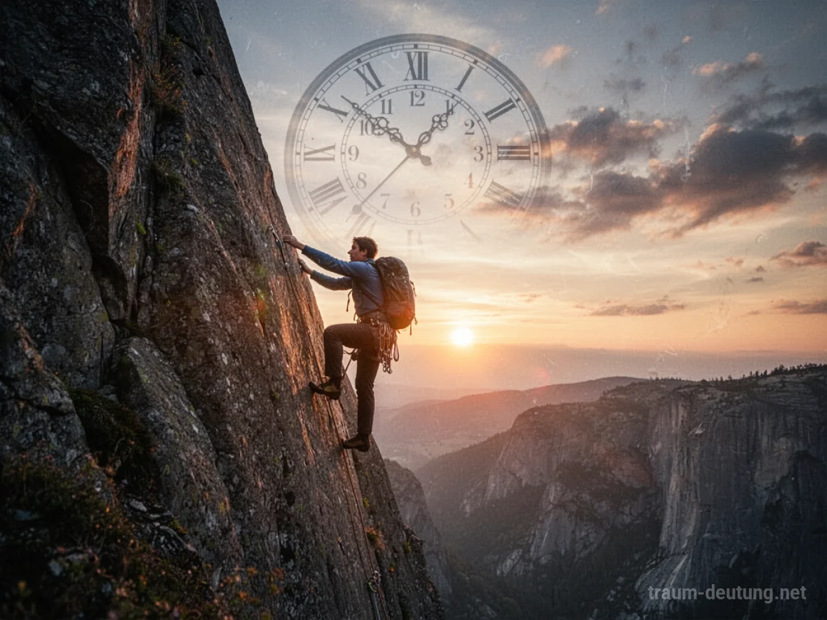 Person klettert unter Zeitdruck eine steile Felswand empor, die Sonne geht unter.