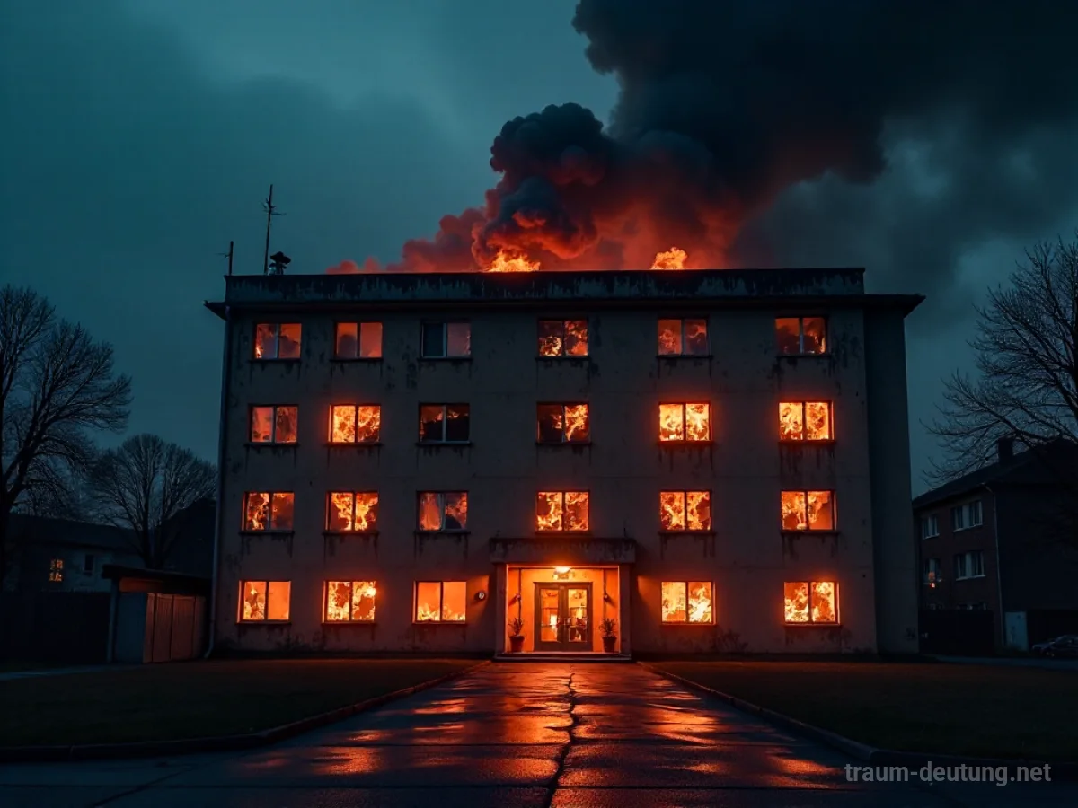 Brennende Klinik bei Nacht, Rauch steigt in den dunklen Himmel auf.