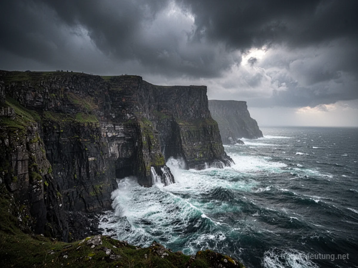 Eine hohe Klippe am Meer mit Wellen, die gegen den Felsen schlagen