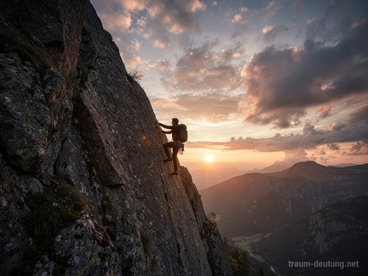 Eine Person klettert eine steile Klippe hoch bei Sonnenuntergang