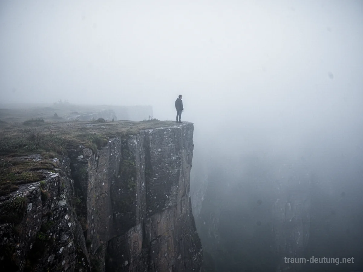 Person steht am Rand einer Klippe im dichten Nebel