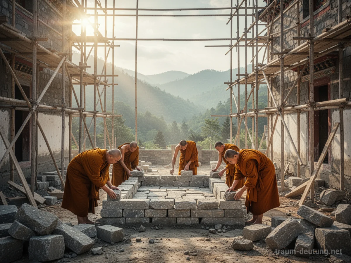 Mönche bauen ein Kloster, Steine werden gesetzt, sonnige Landschaft