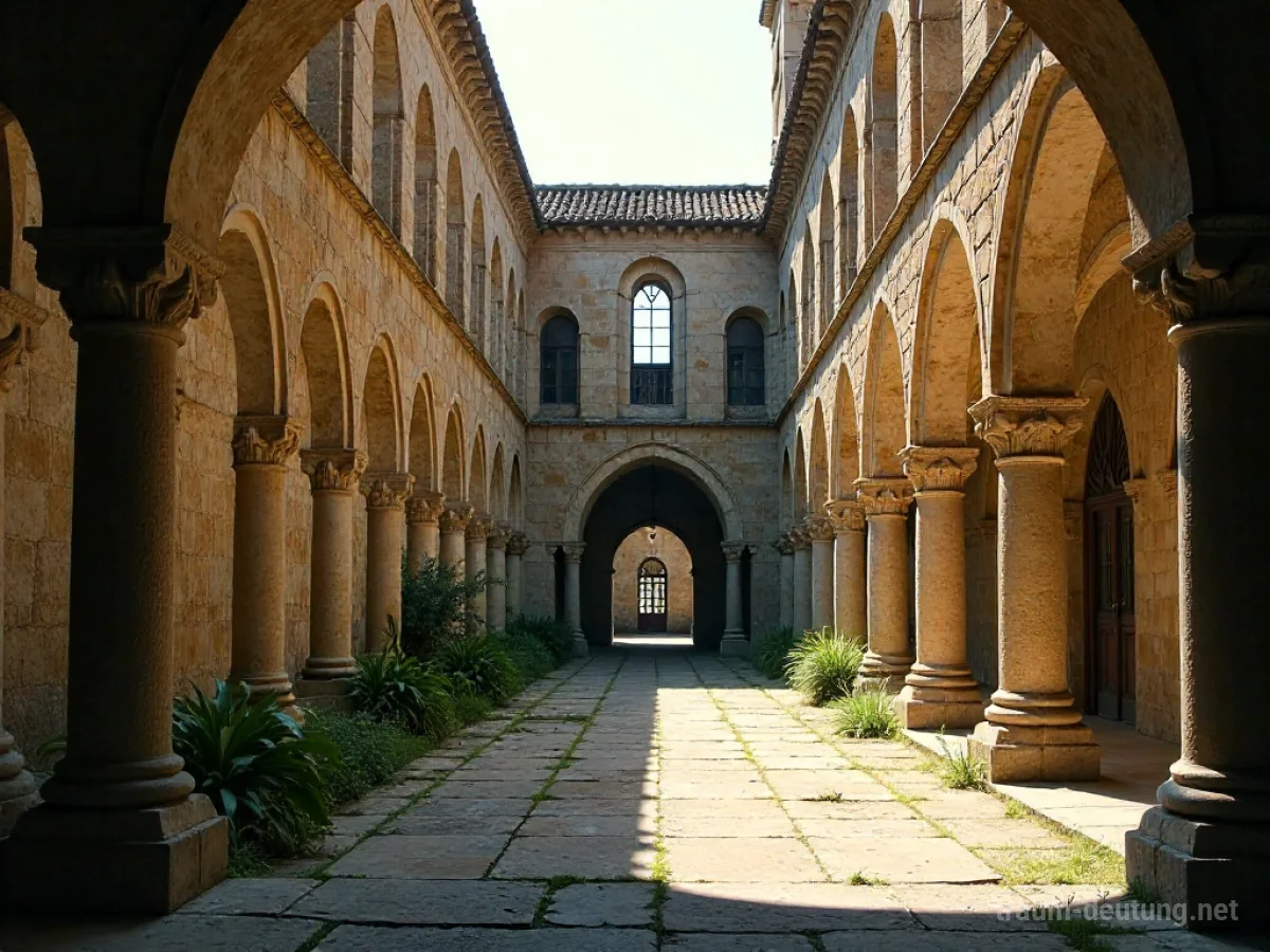 Ein ruhiger, sonnenbeschienener Klosterhof mit stillen Wegen und Arkaden.