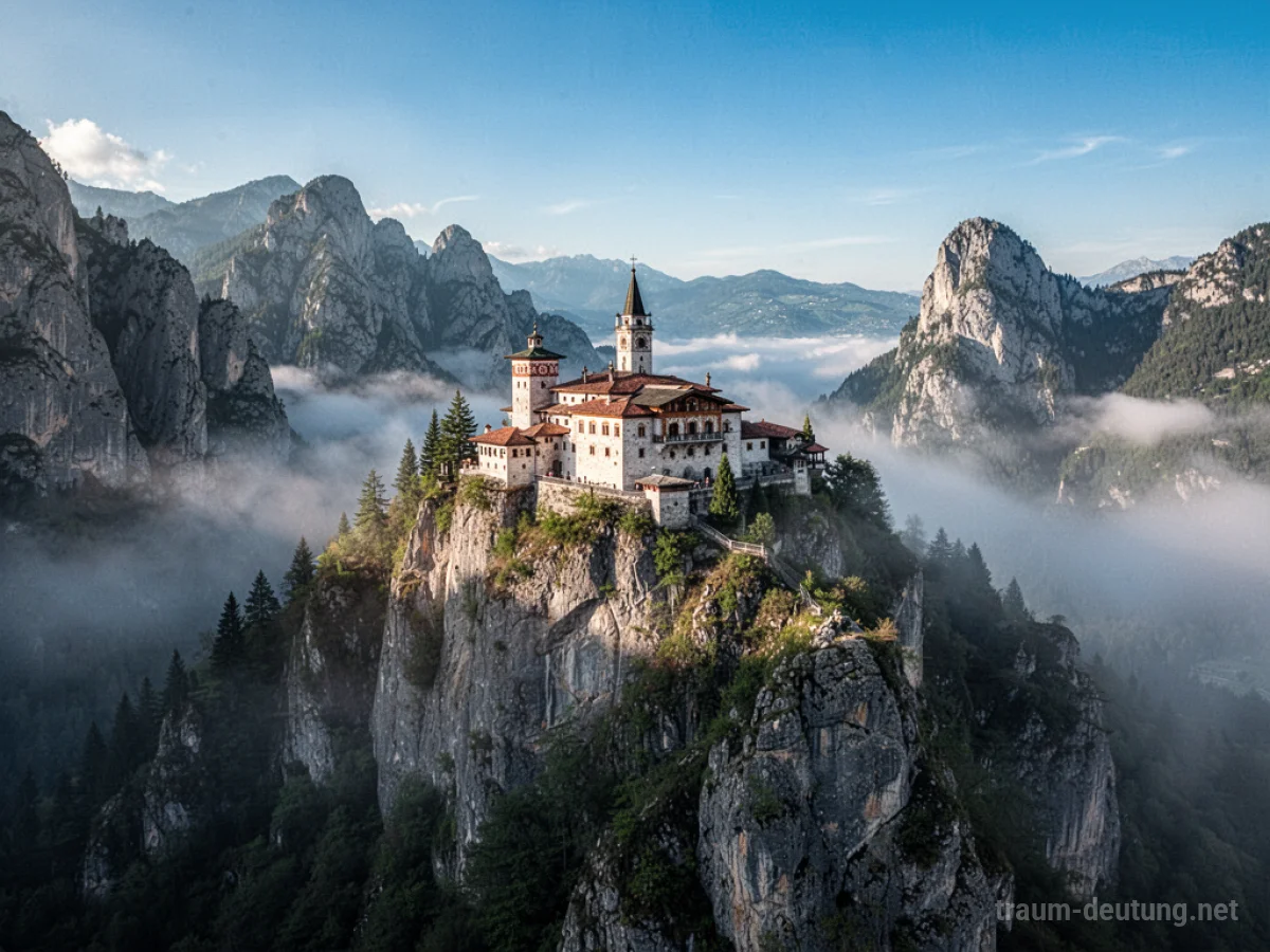 Ein Kloster auf einem hohen Berg, umgeben von Nebel und Felsen.