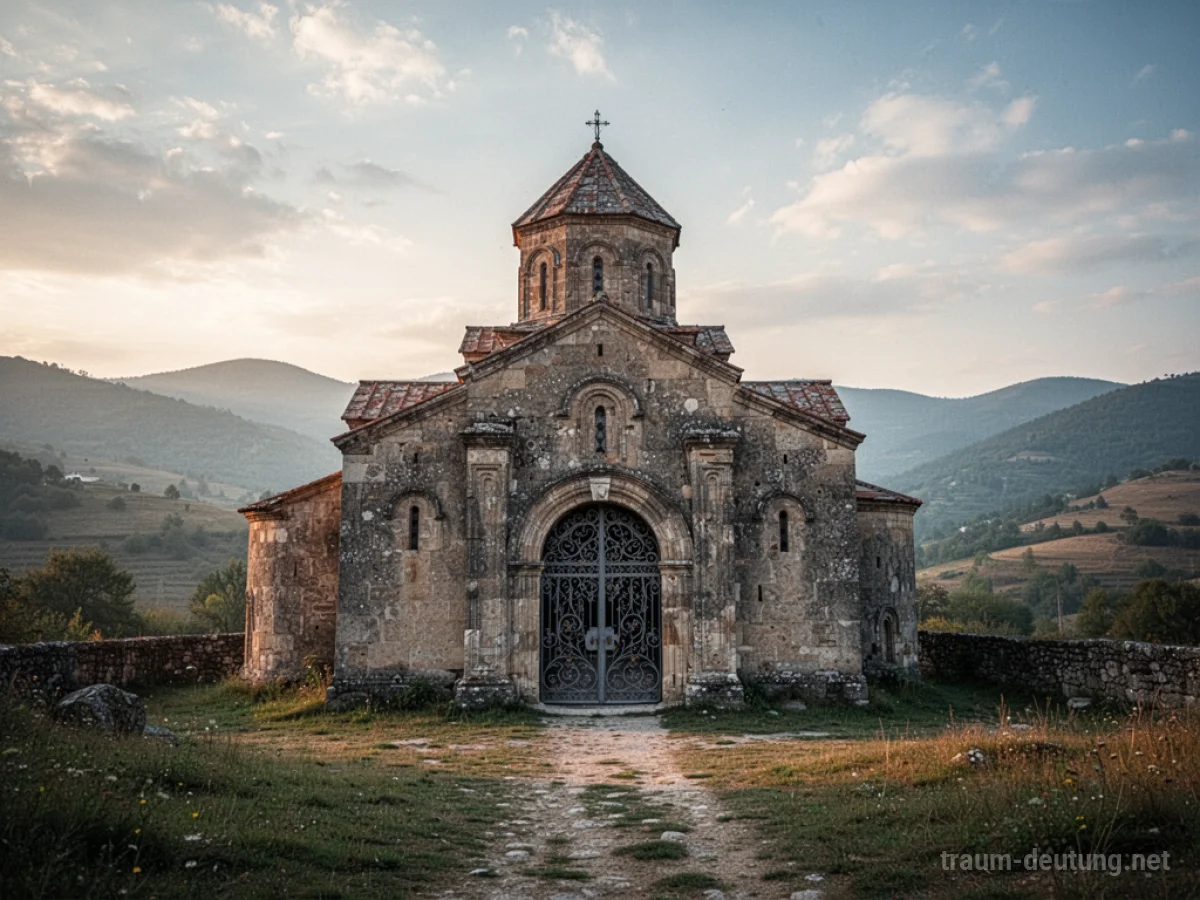Ein einsames, altes Kloster mit einem großen Tor in einer ruhigen Landschaft.