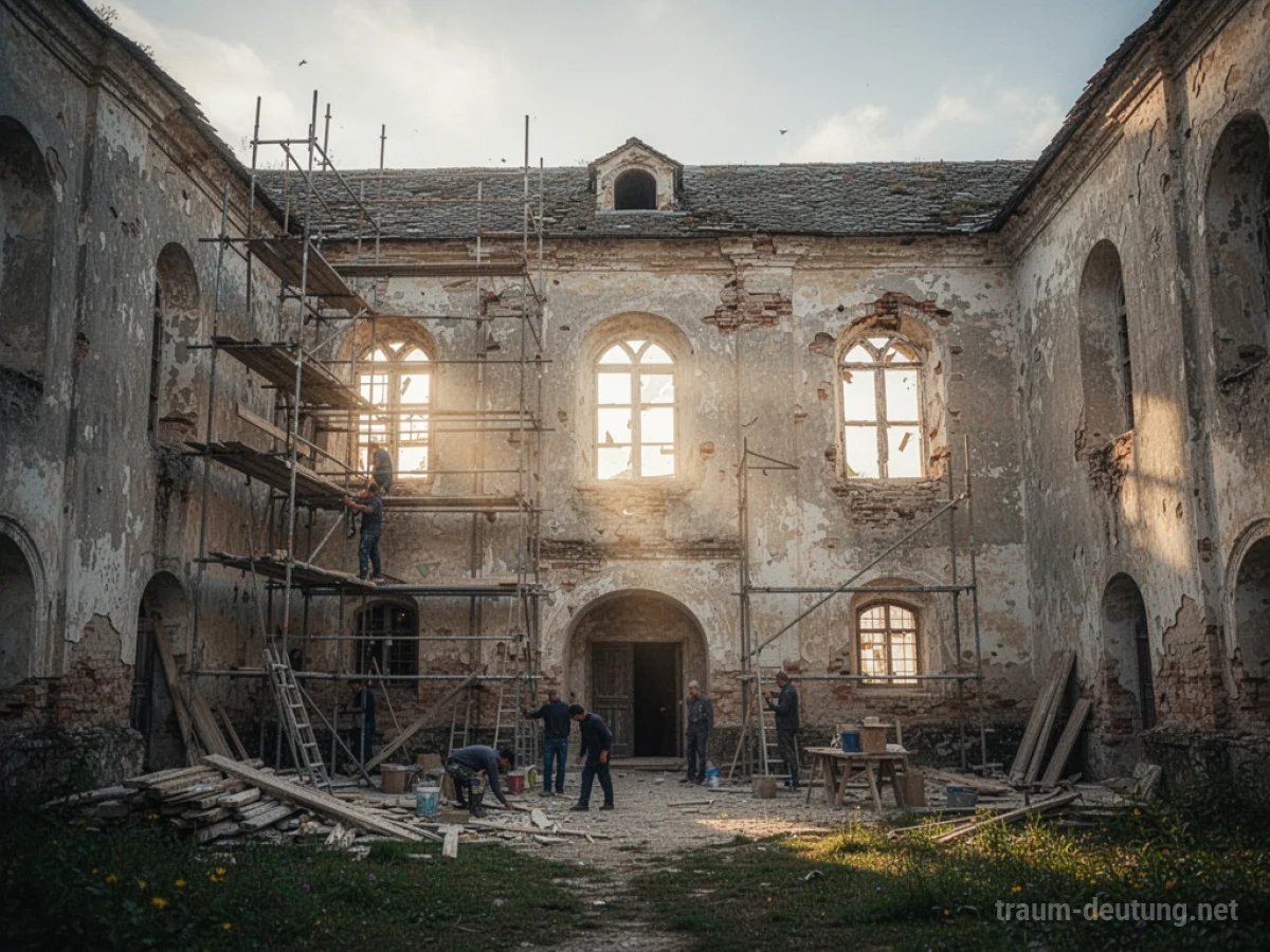 Altes Kloster wird renoviert, Gerüste und Arbeiter sind sichtbar.