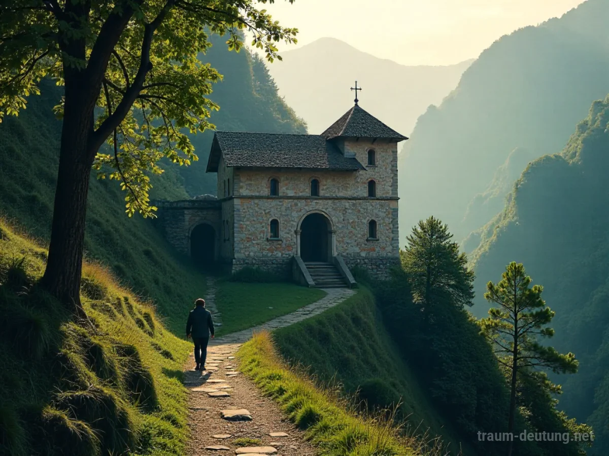 Eine Person sucht Zuflucht in einem alten Kloster, umgeben von friedlicher Natur.