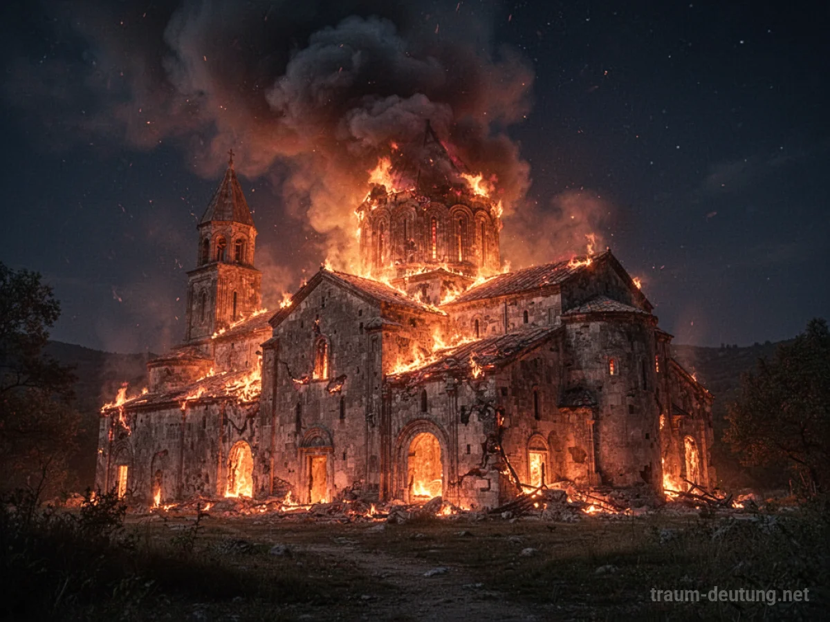 Ein brennendes Kloster in der Nacht, Rauch steigt auf.