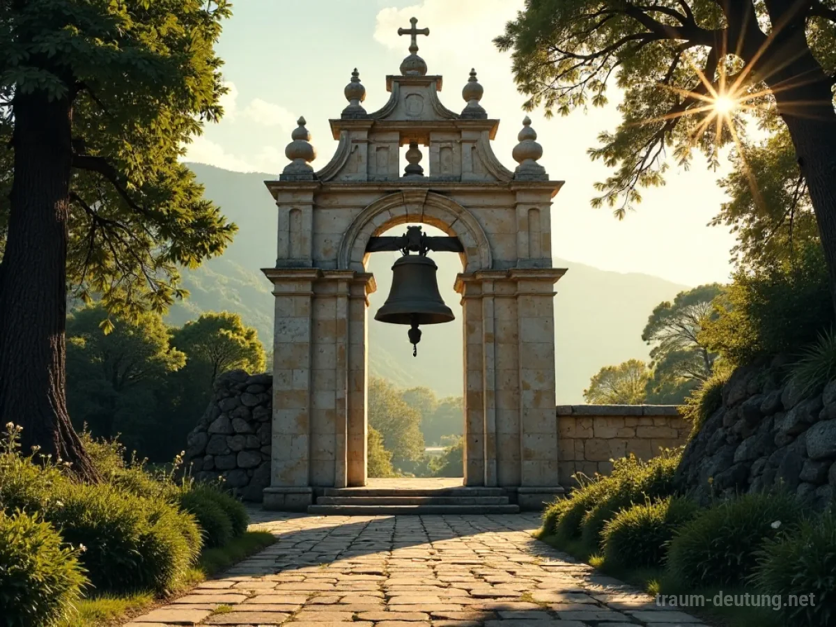 Ein Klosterglockenturm, dessen Glocken sanft läuten, umgeben von friedlicher Landschaft.