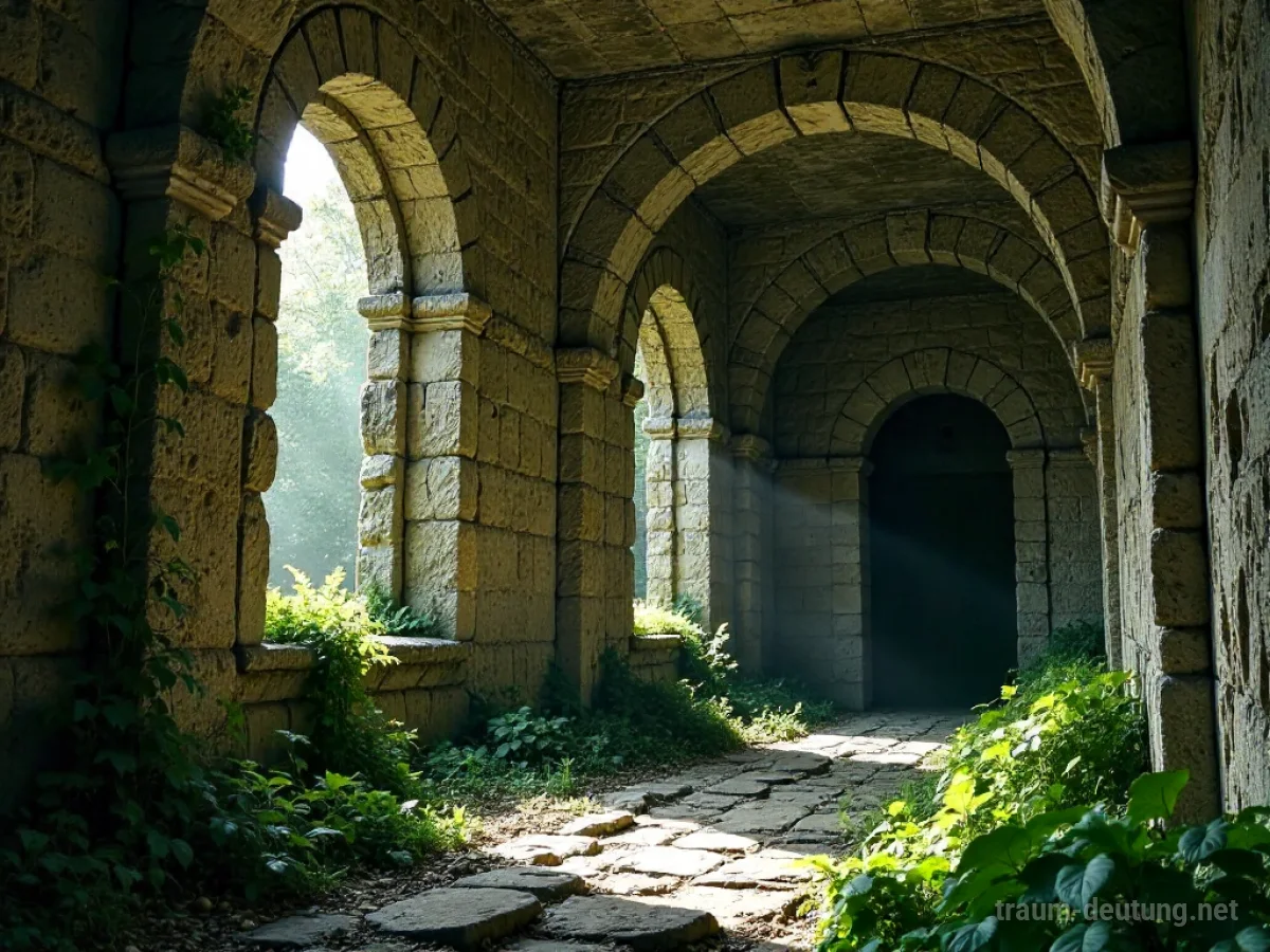 Verfallene Klosterruine im sanften Licht, alte Mauern und Fenster sind sichtbar.