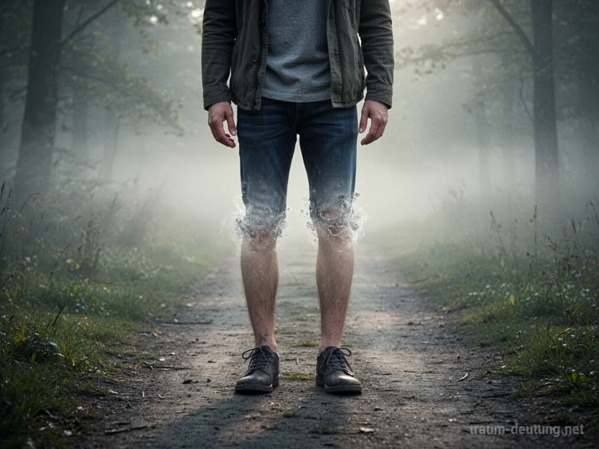 Beine einer Person, die am Knie nicht mehr sichtbar sind, stehen auf einem nebligen Weg.