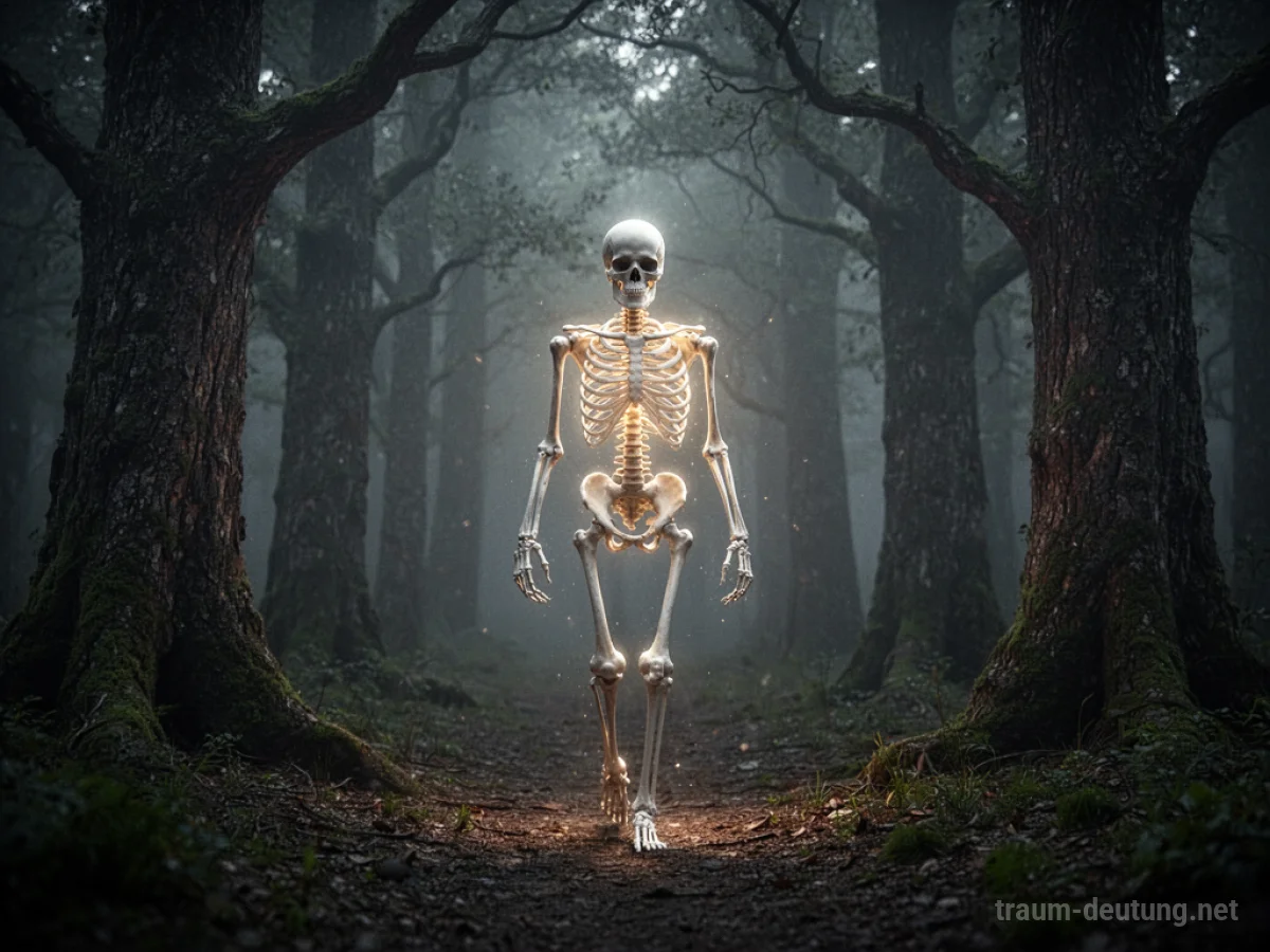 Ein laufendes Skelett im Nebel eines dunklen Waldes