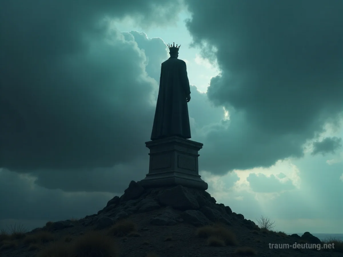 Silhouetten eines Königs auf einem bröckelnden Podest vor stürmischem Himmel