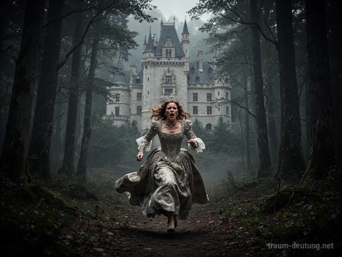 Königin flieht aus einem Schloss in einen dunklen Wald