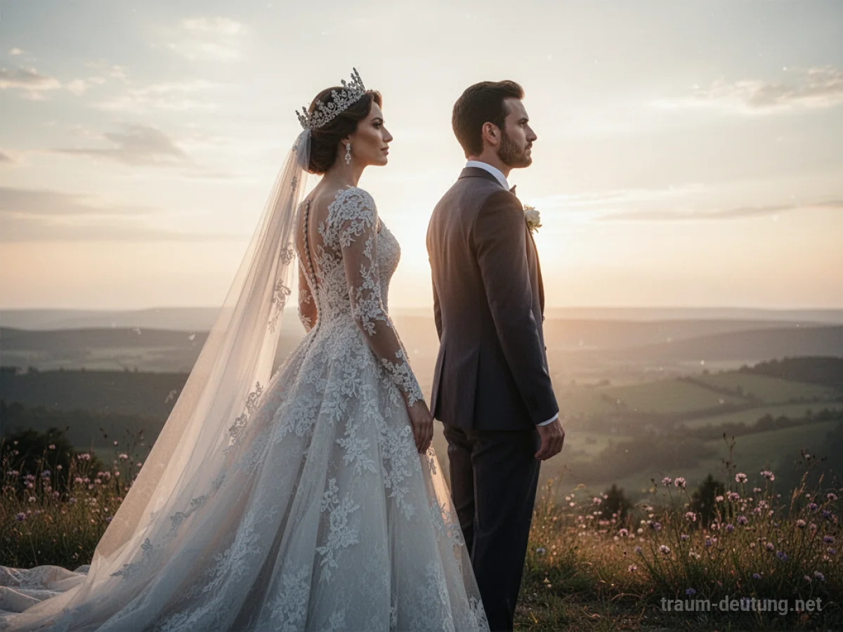 Eine Königin in einem Hochzeitskleid steht neben einem Bräutigam unter einem strahlenden Himmel.