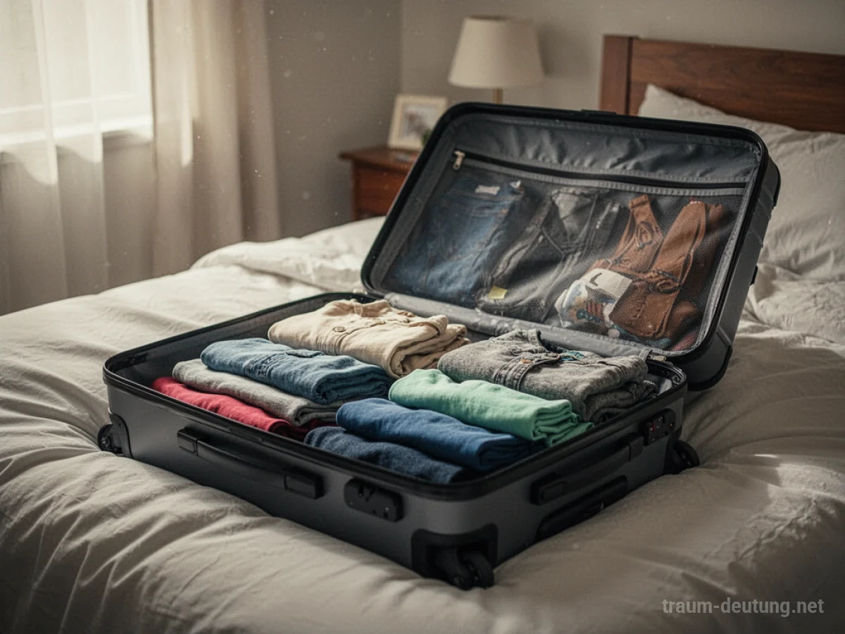 Ein offener Koffer liegt auf einem Bett, gefüllt mit sorgfältig gepackten Kleidern.